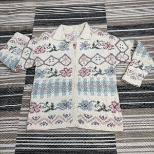 Express Tricot Cardigan Sweater Womens Medium Cream Hand Knit Silk Angora Floral